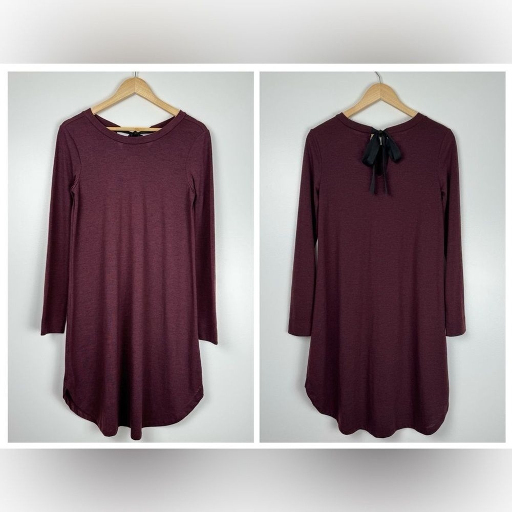 LOFT Tunic Shirtdress Womens S Maroon Burgundy Jersey Knit Tie Neck Office